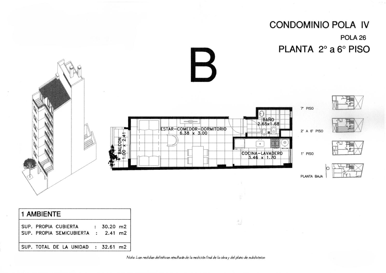 Dpto 2 amb, 6° A, 39,27 m2 total, c/balcón al fte y patio, Villa Luro