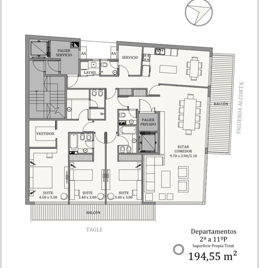 Venta 4 Amb piso alto de 195m2, 3 suites, 2 coch, Amenities.-Av. Figueroa Alcorta 3000 (Palermo)